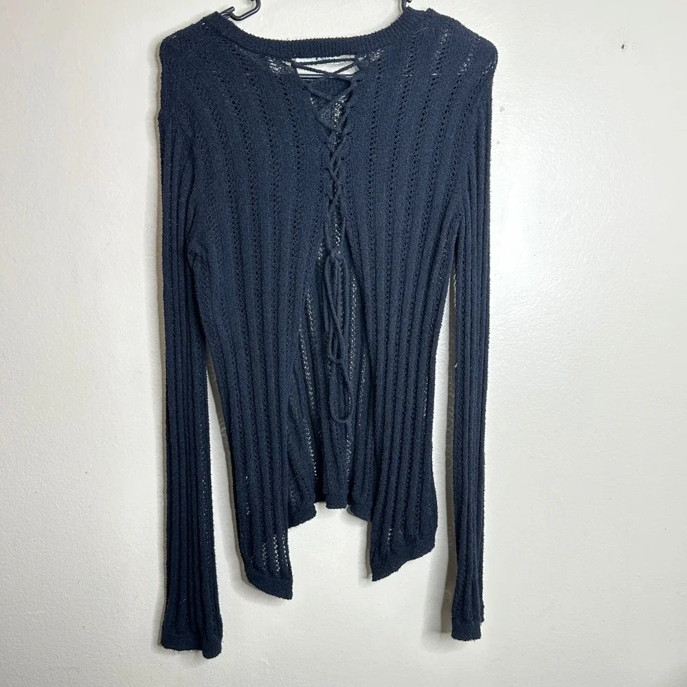 A.L.C. Miguel Sweater Lace Up Back Pointelle Knit Black size Small